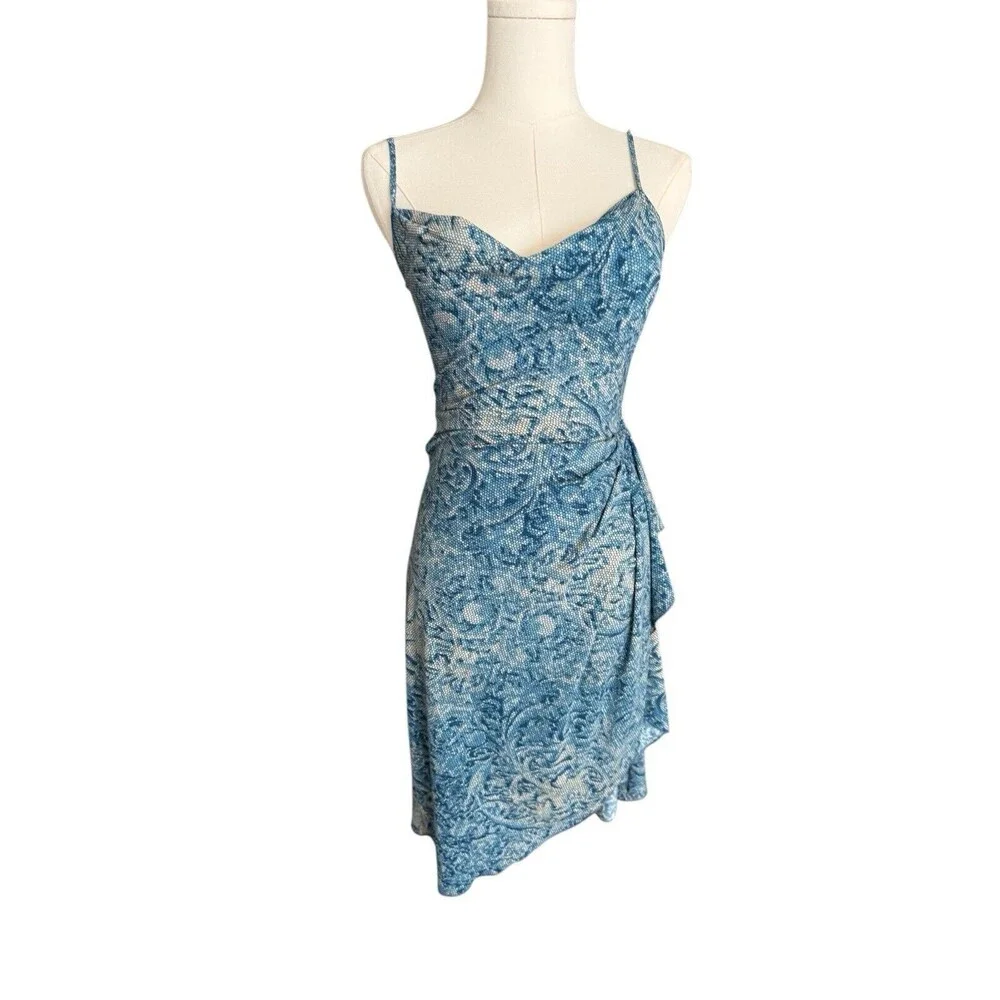 $198 BCBG MAX AZRIA WRAP DRESS WHITE BLUE Size XS High Slit - Picture 3 of 12